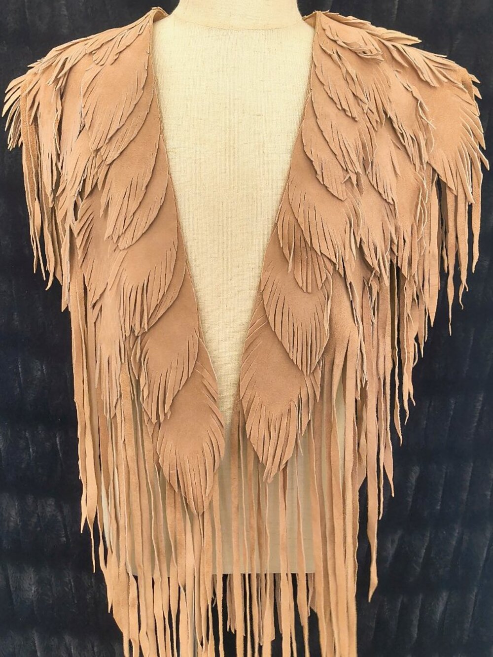 Morphew Tan Suede Feather Fringe Statement Jacket Cape Vest - One Size OS